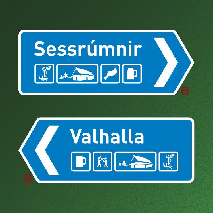 Highway signs for hell, specifically, the two viking afterlives run by Freyja and Odin, respectively.